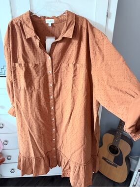 Wonderly Rust Orange Button-Down Ruffle-Hem Shirt Dress